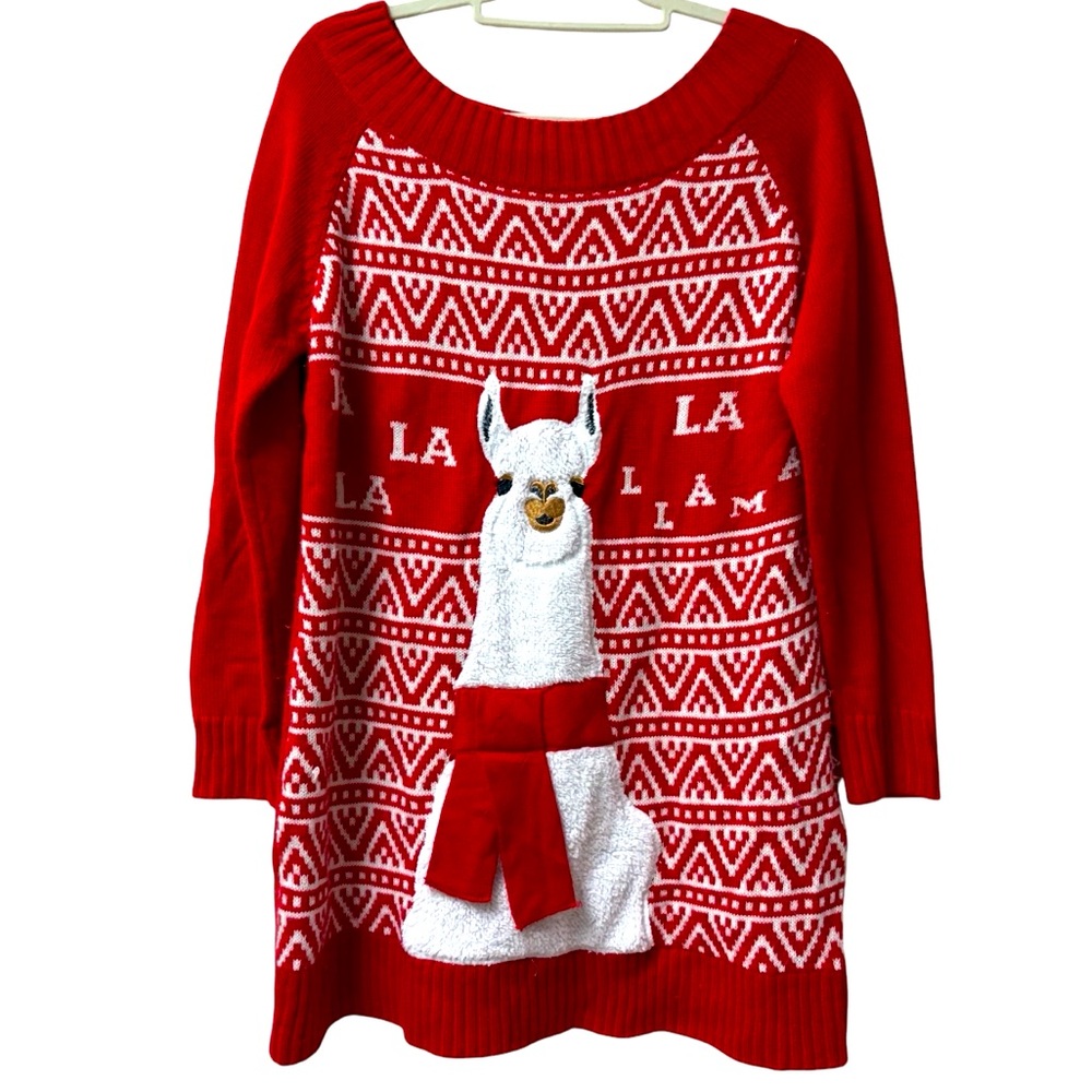 New York Laundry Holiday Classics Red White Lama Ugly Christmas Sweater Dress L